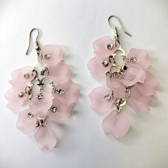 Pink Rose Petal Earrings with Crystals - Picture 3 of 9
